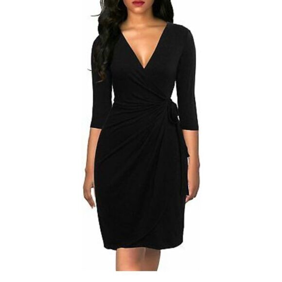 NWT BERYDRESS 3/4 sleeve v-Neck casual party work faux black wrap dress - Picture 1 of 11